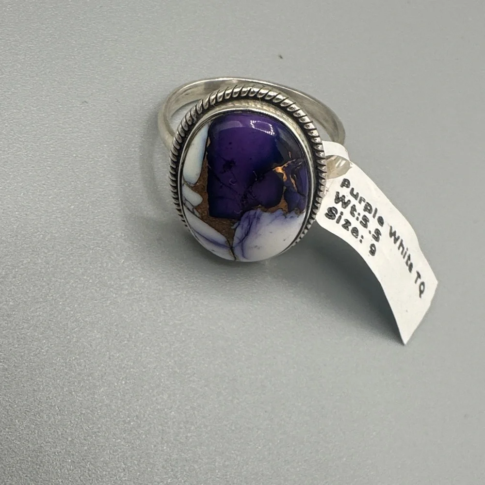 Purple White Turquoise Ring 925 Sterling Silver Oval Statement Sz 9 NWT